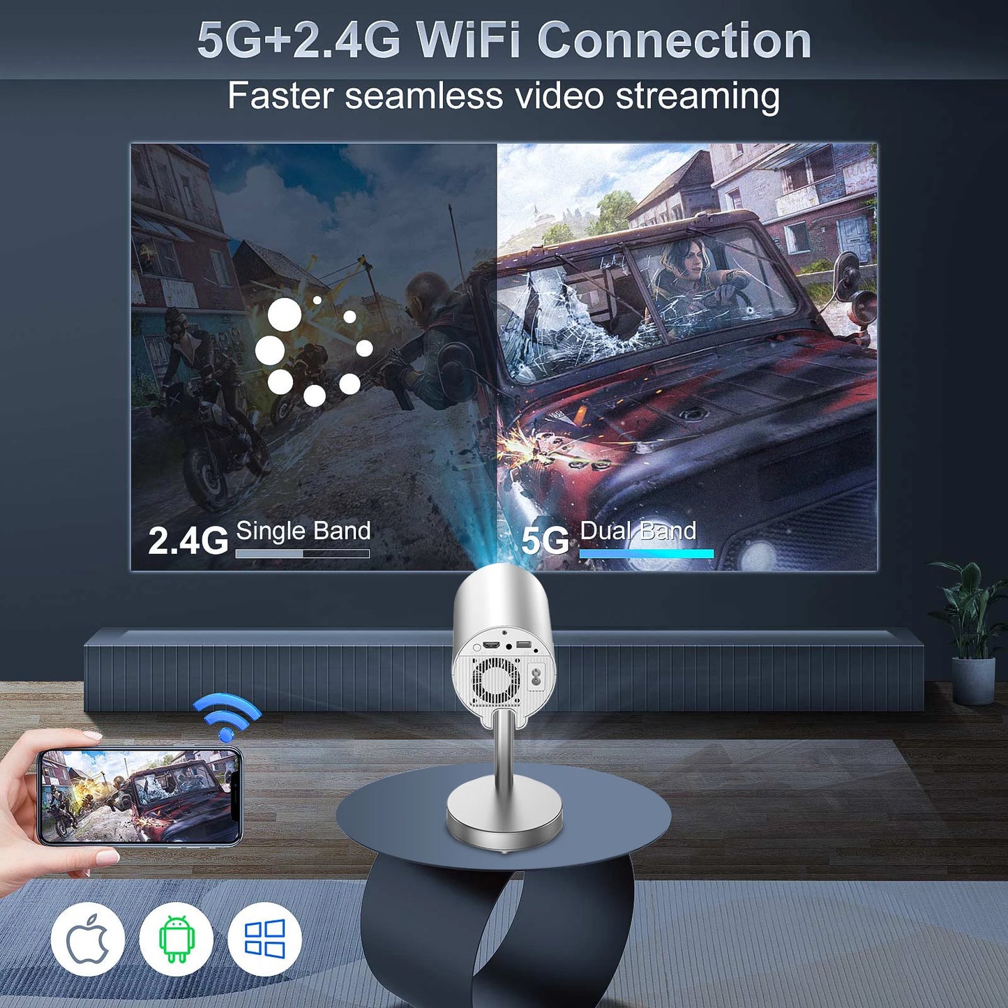 Salange VisionX 5 Mini Smart Beamer – 720P mit 1080P-Unterstützung, WiFi & Bluetooth, Verstellbarer Ständer